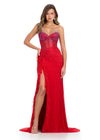 A must-have gown featuring a fully stoned sweetheart neckline, structured corset bustier, and shimmering press-on stones cascading down the skirt. Finished with a right leg slit and ruffle detail for an elegant and glamorous touch. Perfect for special occasions.