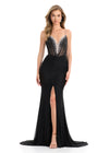 ASHLEYlauren 11855 | Black fitted evening gown featuring press-on stones, structured bustier, plunging neckline, and elegant middle slit.