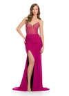 Dreamy and elegant gown featuring a sleek strapless sweetheart neckline, a structured corset bustier, and shimmering press-on stone embellishments. Complete with a right leg slit and sweep train for a sophisticated, showstopping look. Perfect for special occasions.
