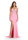 Dreamy and elegant gown featuring a sleek strapless sweetheart neckline, a structured corset bustier, and shimmering press-on stone embellishments. Complete with a right leg slit and sweep train for a sophisticated, showstopping look. Perfect for special occasions.