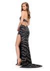 Back - Glamorous halter gown featuring bold cut-outs, dazzling press-on stone beading in an animal-inspired pattern, and a left leg slit. Finished with a sweep train for a showstopping entrance. Perfect for special occasions.