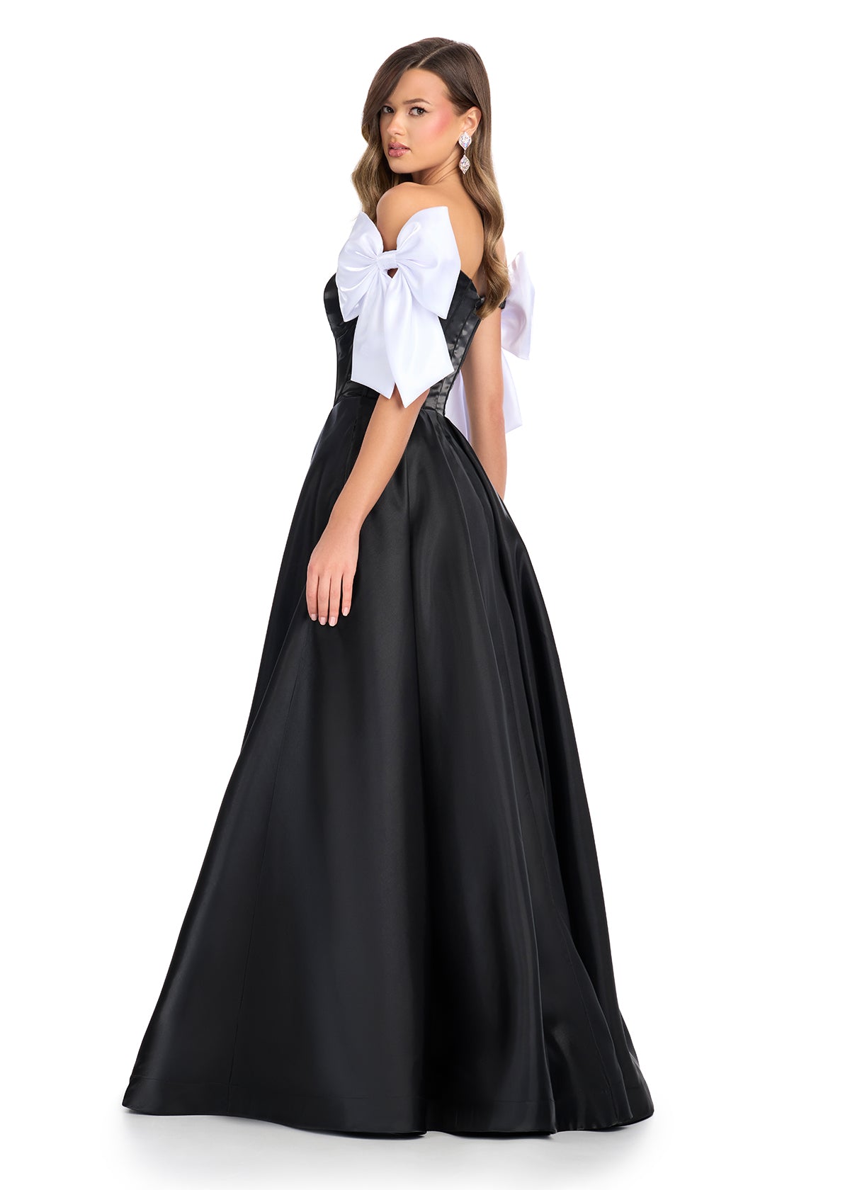 Back - Regal satin ball gown featuring a structured corset bustier, a flattering sweetheart neckline, and elegant off-the-shoulder bow straps. Finished with a voluminous skirt for a timeless princess look. Perfect for special occasions.