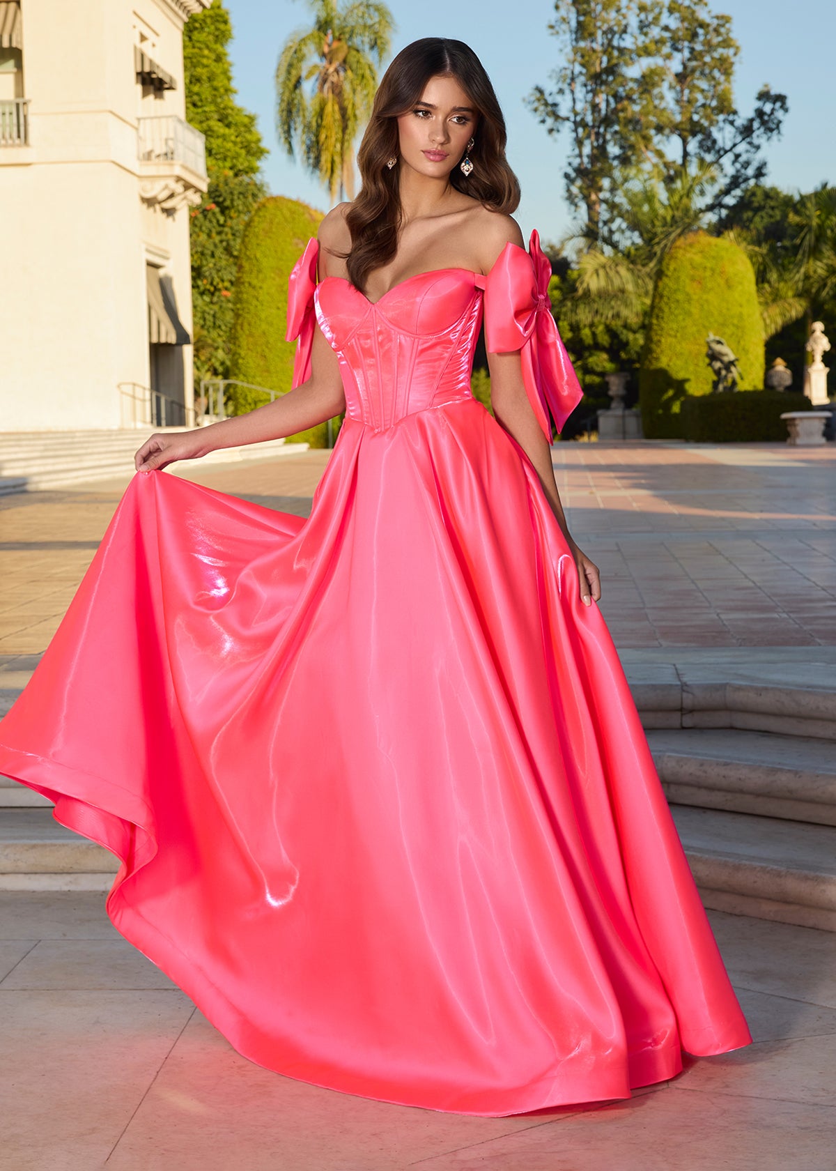 ASHLEYlauren 11871 Satin Ball Gown with Corset and Bow Straps