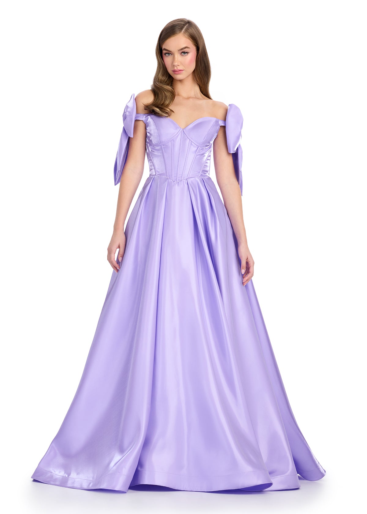 Regal satin ball gown featuring a structured corset bustier, a flattering sweetheart neckline, and elegant off-the-shoulder bow straps. Finished with a voluminous skirt for a timeless princess look. Perfect for special occasions.