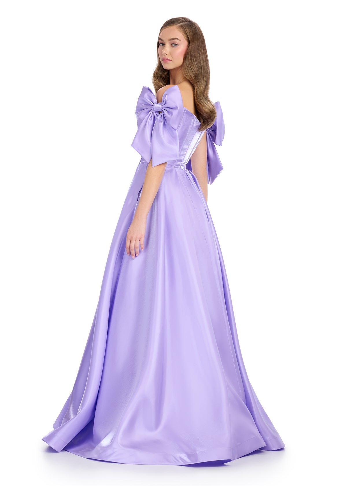 Back - Regal satin ball gown featuring a structured corset bustier, a flattering sweetheart neckline, and elegant off-the-shoulder bow straps. Finished with a voluminous skirt for a timeless princess look. Perfect for special occasions.