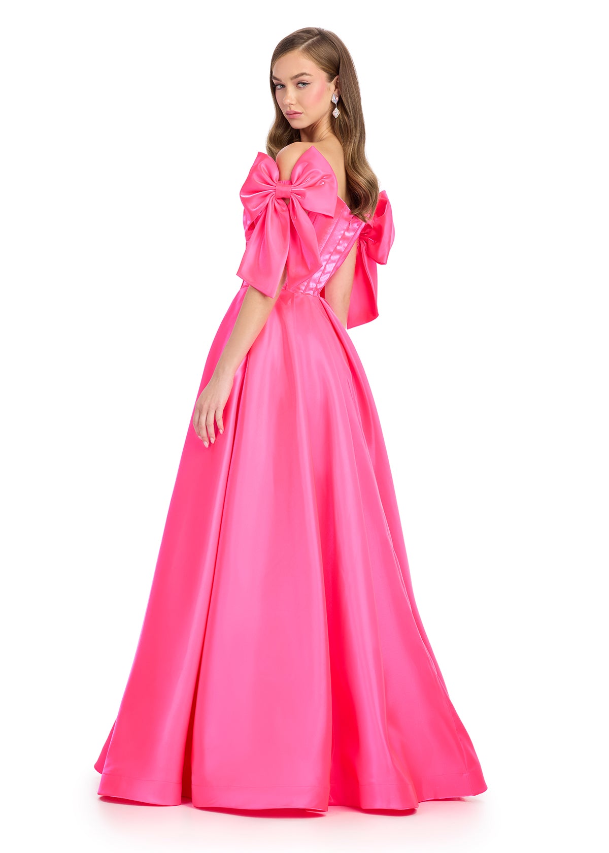 Back - Regal satin ball gown featuring a structured corset bustier, a flattering sweetheart neckline, and elegant off-the-shoulder bow straps. Finished with a voluminous skirt for a timeless princess look. Perfect for special occasions.
