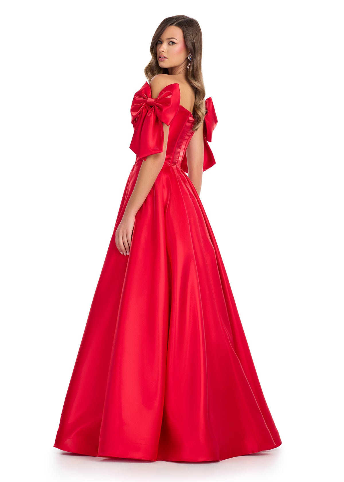 Back - Regal satin ball gown featuring a structured corset bustier, a flattering sweetheart neckline, and elegant off-the-shoulder bow straps. Finished with a voluminous skirt for a timeless princess look. Perfect for special occasions.