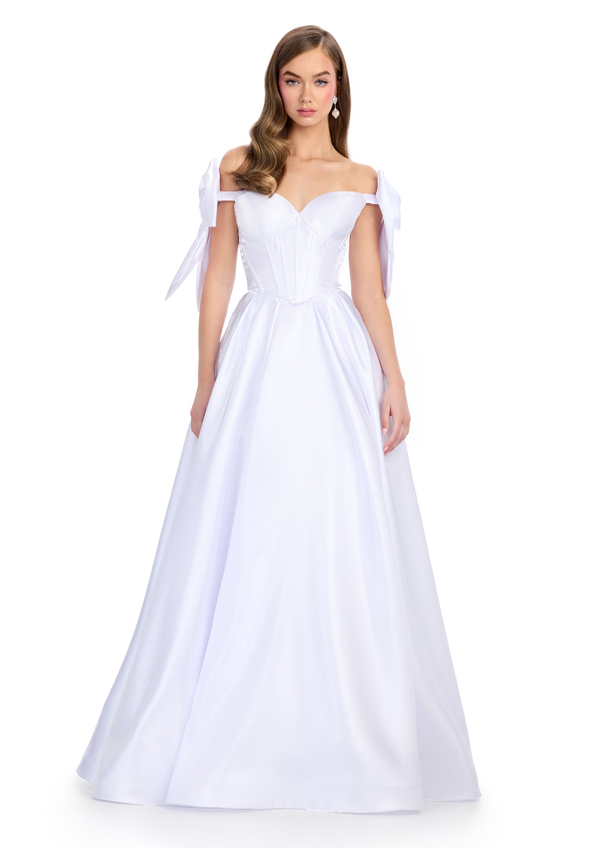 Regal satin ball gown featuring a structured corset bustier, a flattering sweetheart neckline, and elegant off-the-shoulder bow straps. Finished with a voluminous skirt for a timeless princess look. Perfect for special occasions.