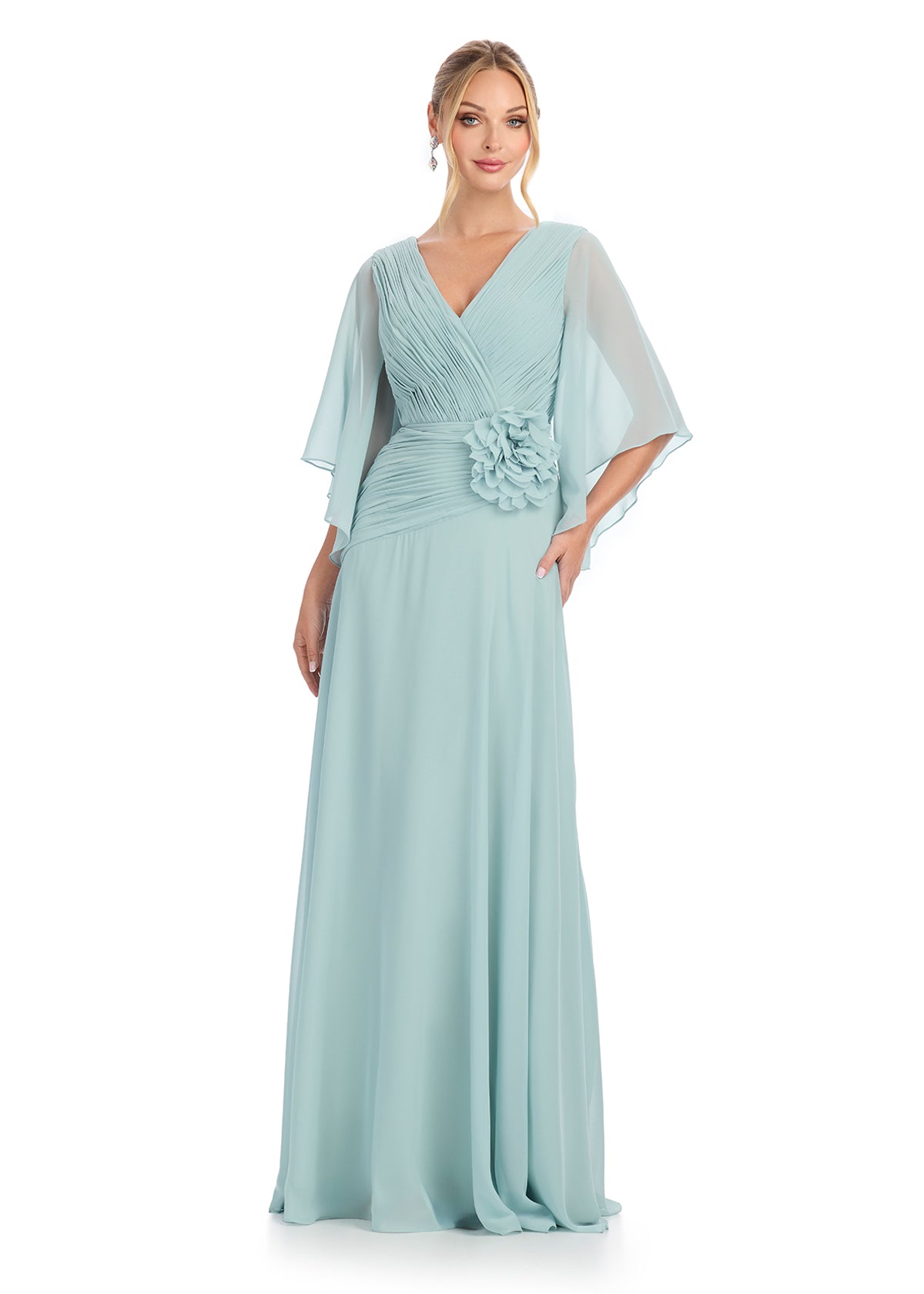 ASHLEYlauren 11877 – Sage -Chiffon Gown with Ruched Bodice & Floral Waist