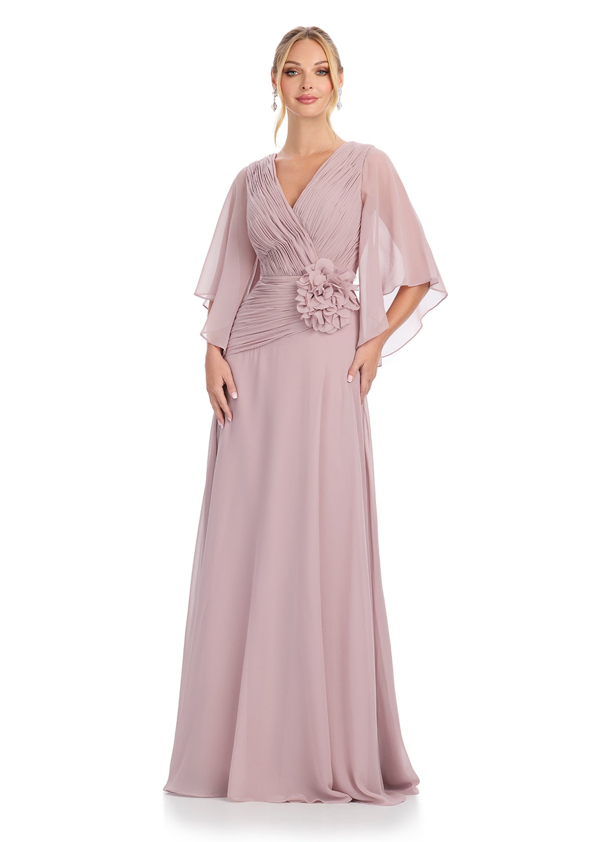 ASHLEYlauren 11877 – Taupe -Chiffon Gown with Ruched Bodice & Floral Waist