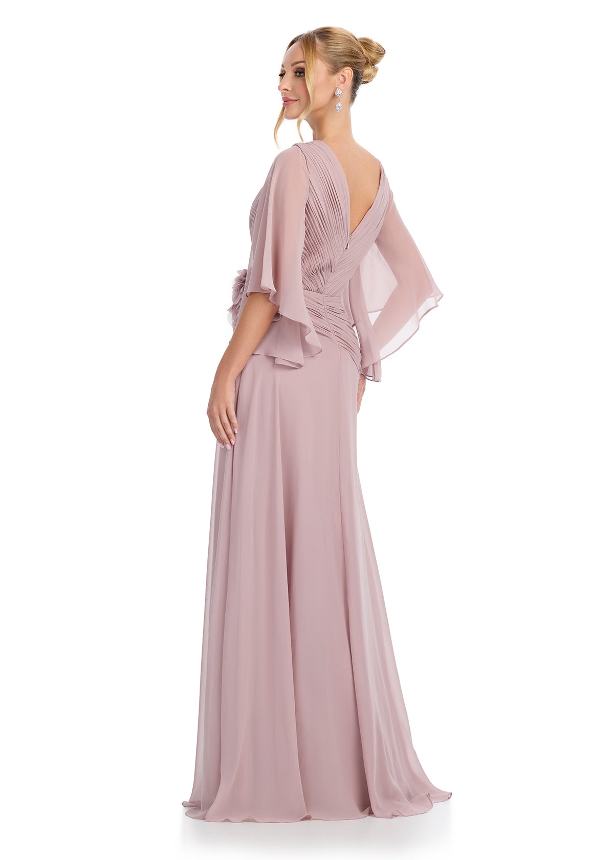 ASHLEYlauren 11877 – Taupe -Chiffon Gown with Ruched Bodice & Floral Waist
- Back View
