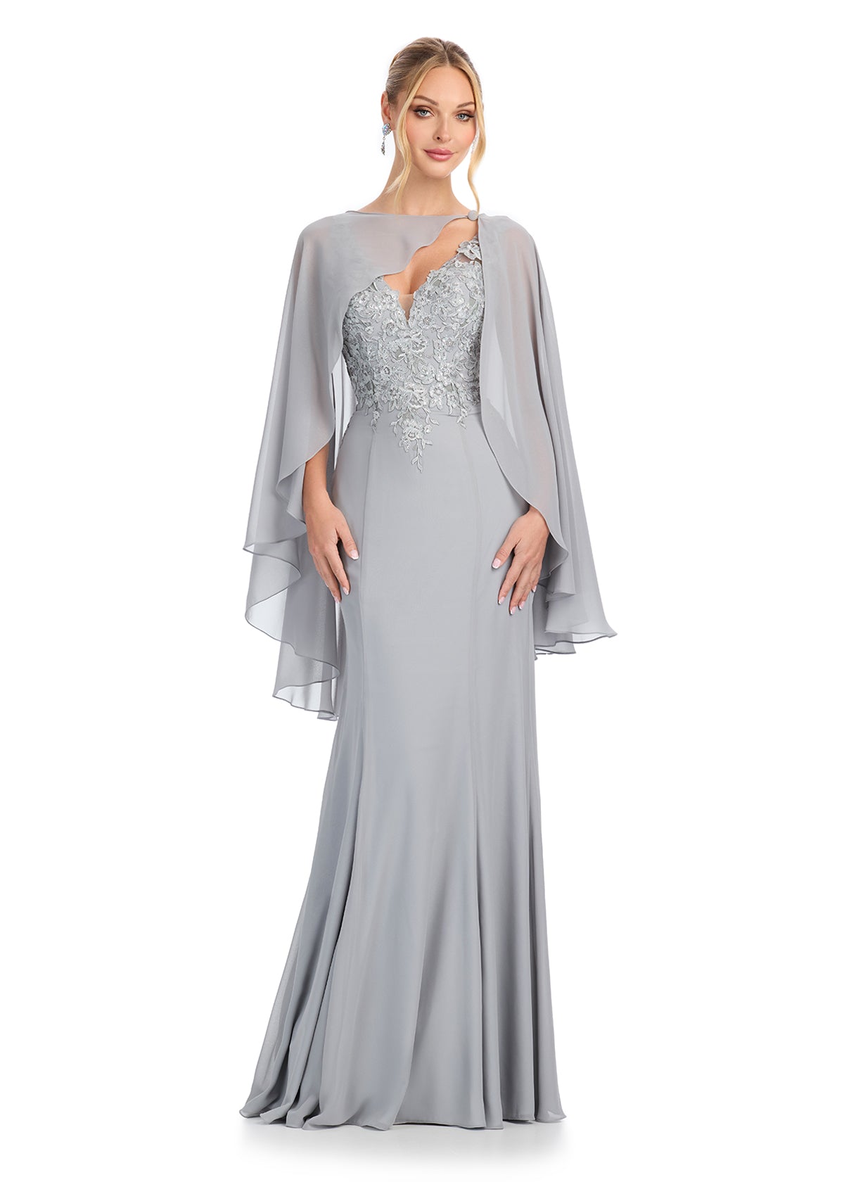 white christmas dresses ASHLEYlauren E11878 Chiffon Gown with Lace Bustier and Cape