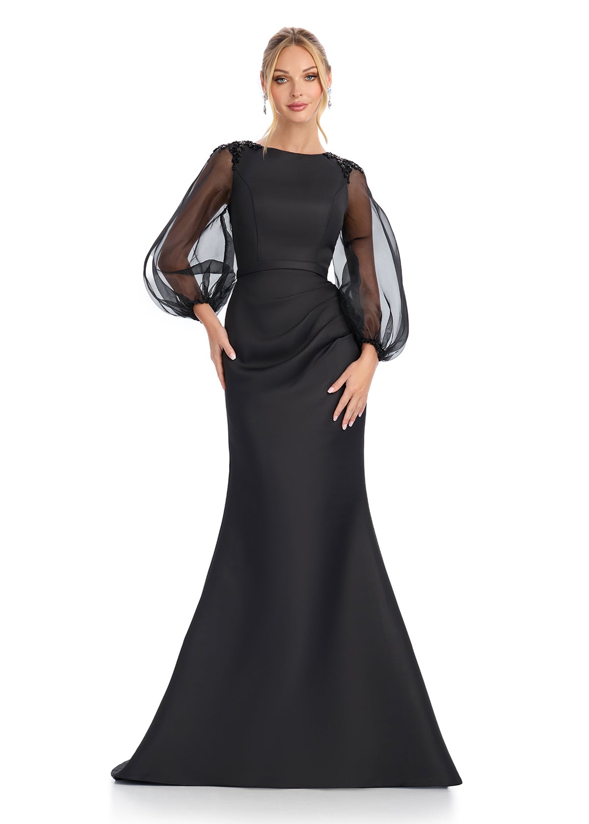 ASHLEYlauren 11879 Satin Gown with Organza Balloon Sleeves