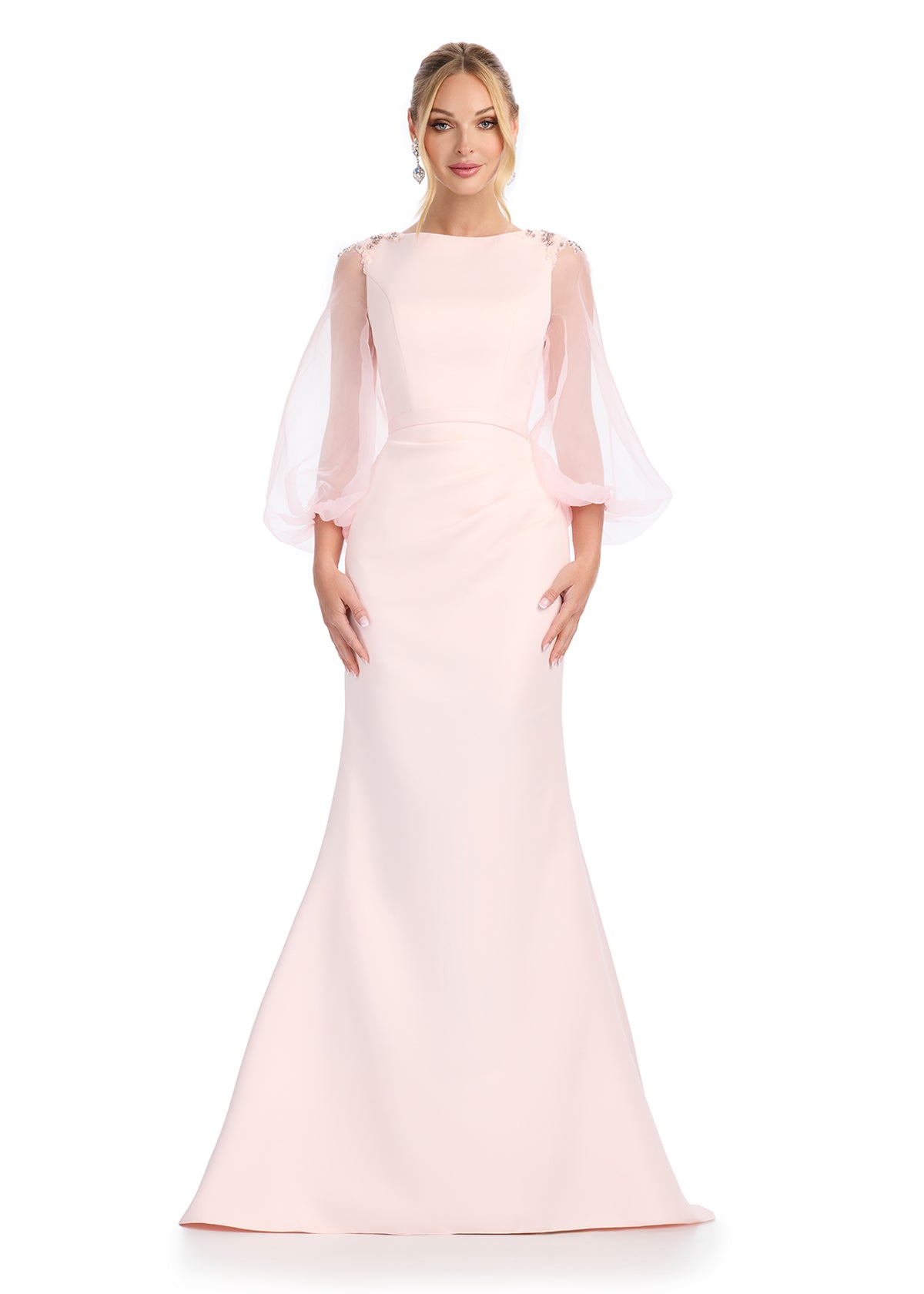 ASHLEYlauren 11879 Satin Gown with Organza Balloon Sleeves ASHLEYlauren 11879 Satin Gown with Organza Balloon Sleeves