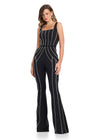 Chic and sophisticated jumpsuit featuring a square neckline, tank-style straps, and a belted waist. The corset bustier and tailored pants are adorned with elegant pearl trim for a refined, statement-making look. Perfect for special occasions.