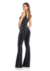 Back - Chic and sophisticated jumpsuit featuring a square neckline, tank-style straps, and a belted waist. The corset bustier and tailored pants are adorned with elegant pearl trim for a refined, statement-making look. Perfect for special occasions.