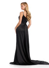 Back - legantly draped gown featuring delicate spaghetti straps, asymmetrical beaded detailing, and a wrap skirt. Finished with a right leg slit and sweep train for a sophisticated and glamorous look. Perfect for special occasions.