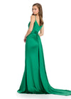 Back - legantly draped gown featuring delicate spaghetti straps, asymmetrical beaded detailing, and a wrap skirt. Finished with a right leg slit and sweep train for a sophisticated and glamorous look. Perfect for special occasions.