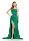 legantly draped gown featuring delicate spaghetti straps, asymmetrical beaded detailing, and a wrap skirt. Finished with a right leg slit and sweep train for a sophisticated and glamorous look. Perfect for special occasions.