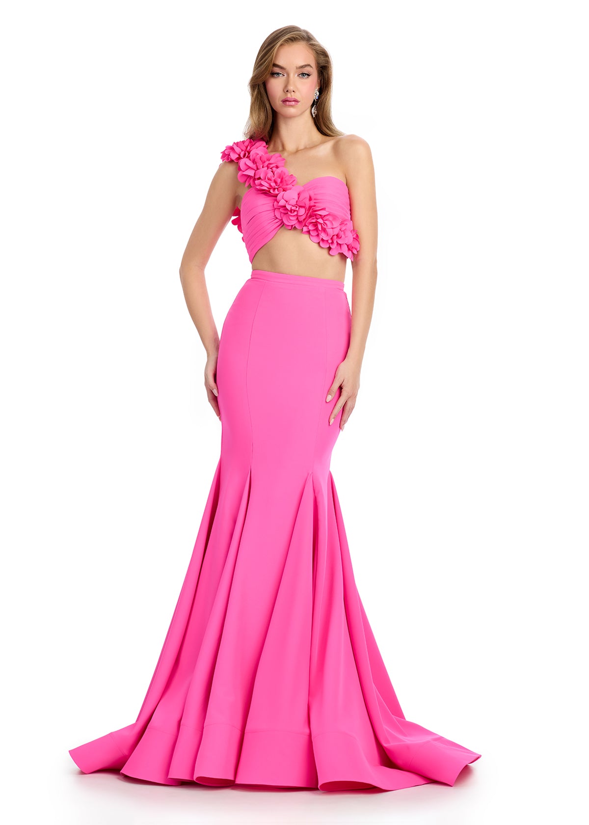 ASHLEYlauren 11981 – One-Shoulder Floral Two-Piece Gown