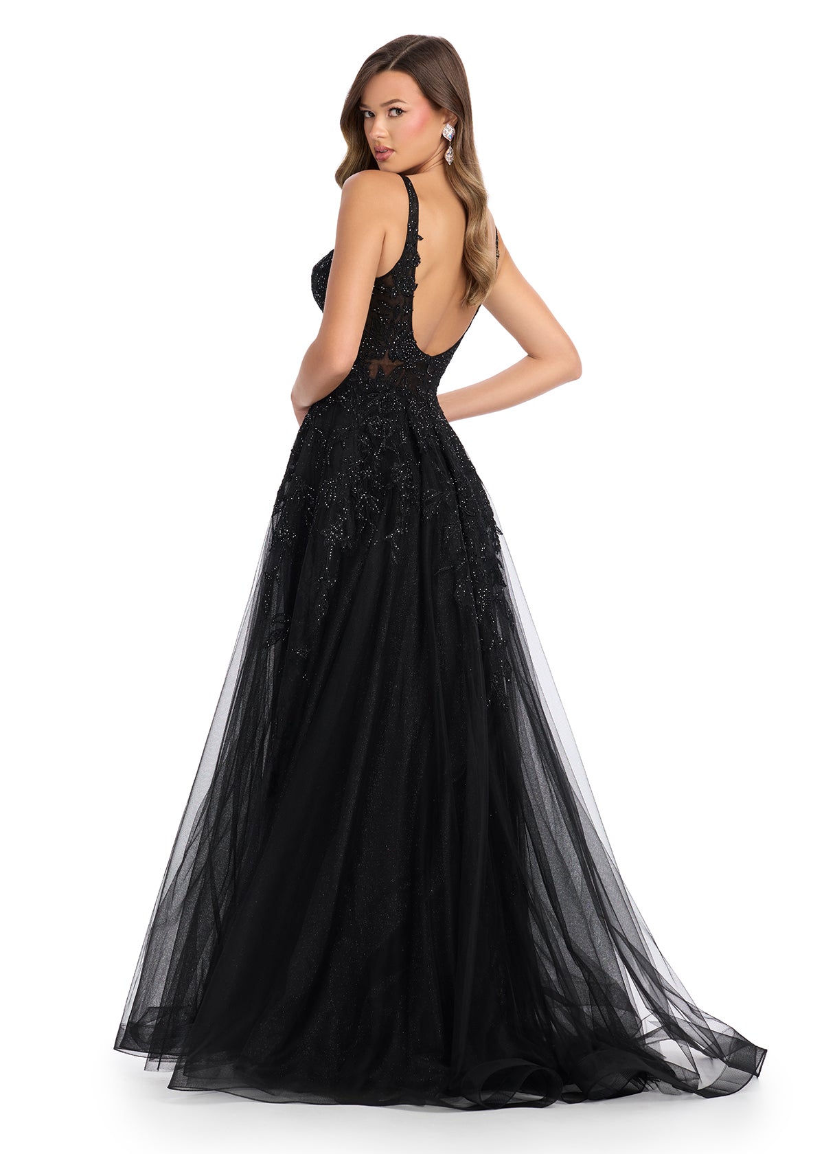 Back - Elegant tulle ball gown featuring a V-neckline, scoop back, and intricate embroidered appliqué adorning the bustier and cascading down the A-line skirt. Finished with a sweep train for a regal touch. Perfect for making a grand entrance.