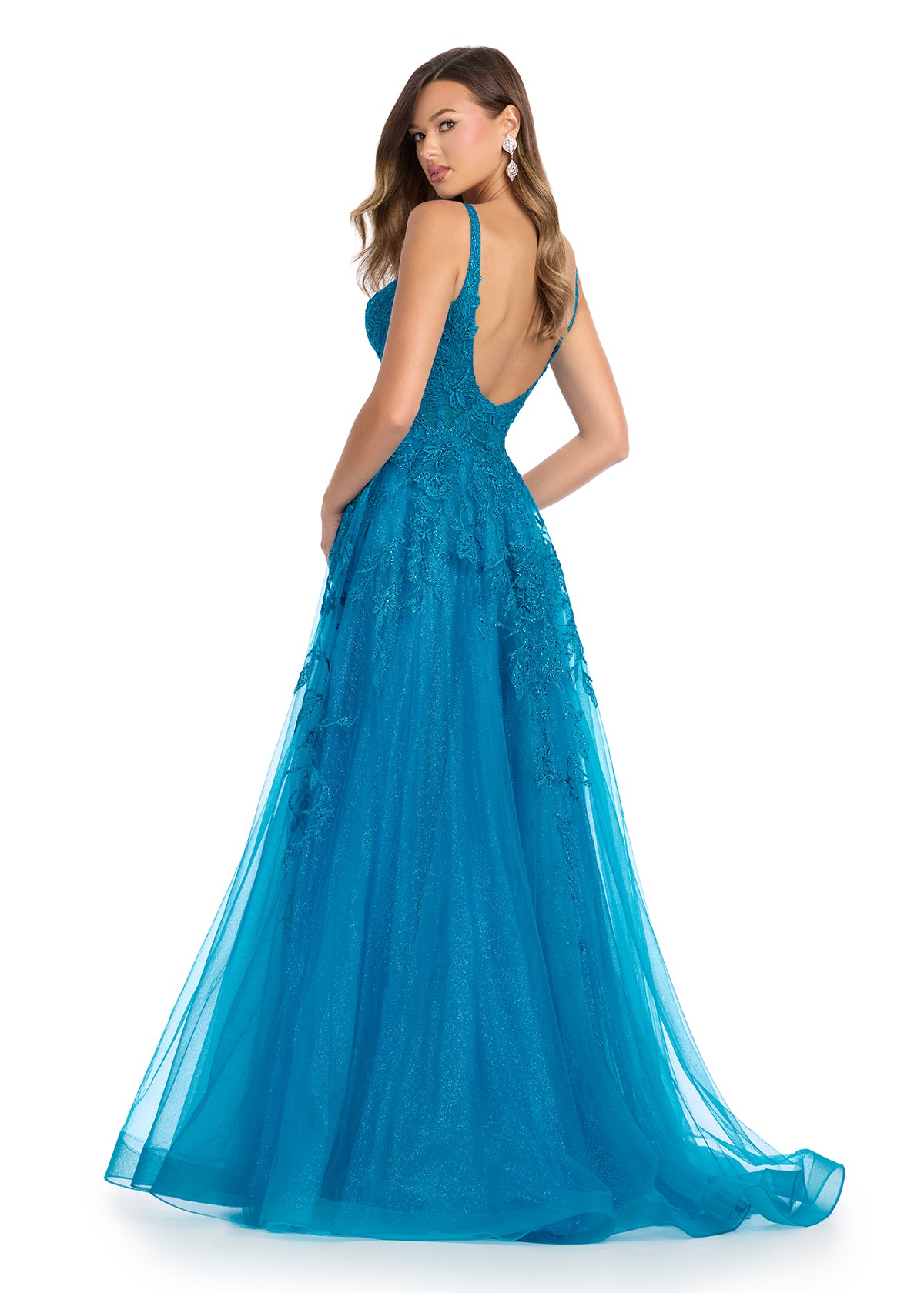 Back - Elegant tulle ball gown featuring a V-neckline, scoop back, and intricate embroidered appliqué adorning the bustier and cascading down the A-line skirt. Finished with a sweep train for a regal touch. Perfect for making a grand entrance.