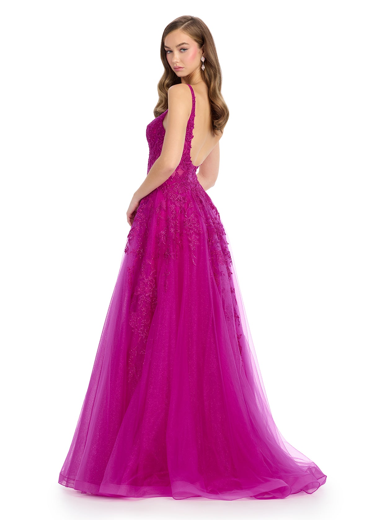 Back - Elegant tulle ball gown featuring a V-neckline, scoop back, and intricate embroidered appliqué adorning the bustier and cascading down the A-line skirt. Finished with a sweep train for a regal touch. Perfect for making a grand entrance.