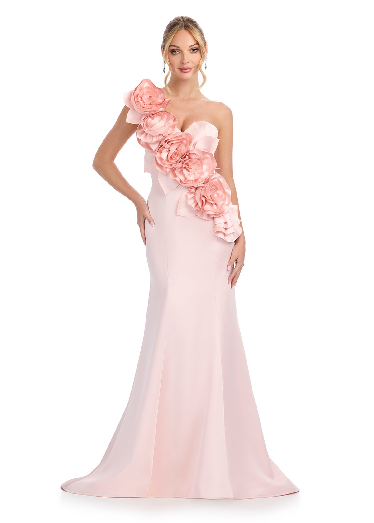 ASHLEYlauren 11898 – One-Shoulder Satin Gown with Floral Accents