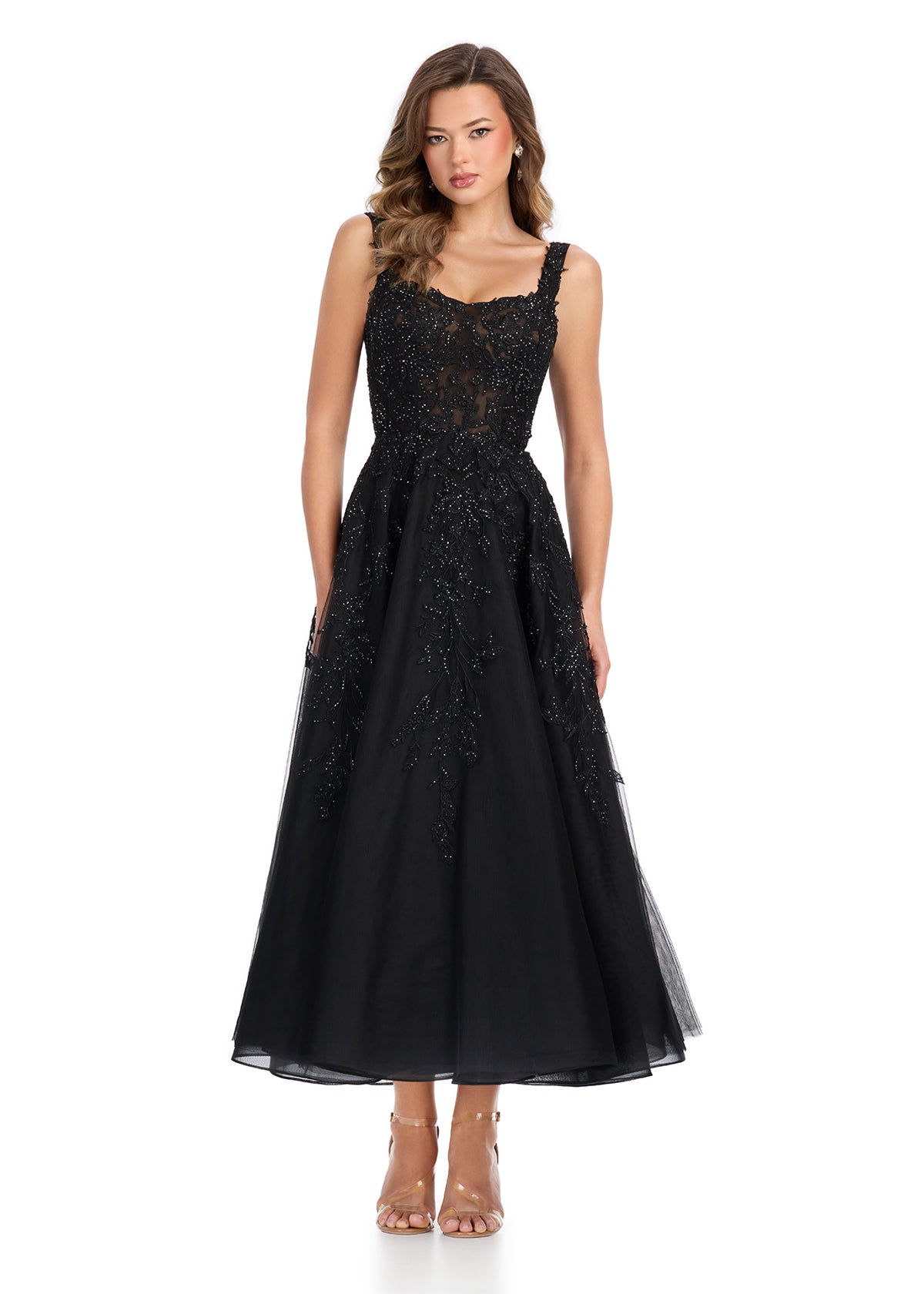 ASHLEYlauren 11899 Sweetheart Midi Dress with Lace Appliqué
