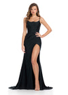 Stunning gown featuring a structured corset bustier, delicate spaghetti straps, and elegant ruching along the skirt. Complete with a wrap skirt and left leg slit for a dramatic and sophisticated look. Perfect for special occasions.