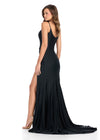 Back - Stunning gown featuring a structured corset bustier, delicate spaghetti straps, and elegant ruching along the skirt. Complete with a wrap skirt and left leg slit for a dramatic and sophisticated look. Perfect for special occasions.