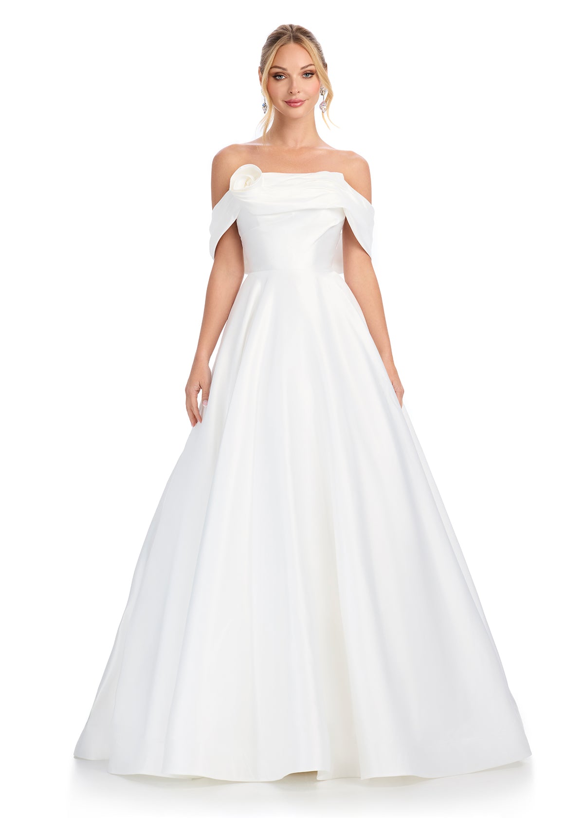 formal work dinner dress A-LINE SATIN OFF THE SHOULDER DRESS 7493 – MARIGOLD DRESSES main image 1