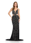 Show-stopping jersey gown featuring a deep V-neckline, bold cut-outs, and a sleek sweep train for a glamorous and eye-catching look. Perfect for making a statement at any special occasion.