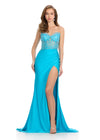 Spotlight-worthy jersey gown featuring a beaded corset bustier, a flattering sweetheart neckline, and a wrap skirt with a left leg slit for a sleek and glamorous finish. Perfect for special occasions.