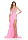 Spotlight-worthy jersey gown featuring a beaded corset bustier, a flattering sweetheart neckline, and a wrap skirt with a left leg slit for a sleek and glamorous finish. Perfect for special occasions.