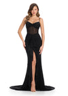 Showstopping beaded gown featuring a structured corset bustier with exposed boning, a sweetheart neckline, and delicate spaghetti straps. The cut-out back and cascading press-on stones add a touch of elegance, while ruffle details and a center slit complete the glamorous look. Perfect for making a grand entrance.