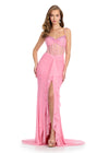 Showstopping beaded gown featuring a structured corset bustier with exposed boning, a sweetheart neckline, and delicate spaghetti straps. The cut-out back and cascading press-on stones add a touch of elegance, while ruffle details and a center slit complete the glamorous look. Perfect for making a grand entrance.
