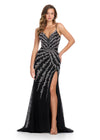 Stunning fully lace gown featuring a sweetheart neckline, delicate spaghetti straps, and a lace-up back. Embellished with press-on stones in an animal-inspired bead pattern, this gown is finished with a left leg slit and sweep train for a bold and glamorous look. Perfect for special occasions.