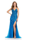 Stunning fully lace gown featuring a sweetheart neckline, delicate spaghetti straps, and a lace-up back. Embellished with press-on stones in an animal-inspired bead pattern, this gown is finished with a left leg slit and sweep train for a bold and glamorous look. Perfect for special occasions.