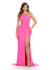 Striking fully beaded one-shoulder gown featuring elegant draping on the bustier, figure-enhancing cut-outs, a left leg slit, and a sweep train for a showstopping entrance. Perfect for special occasions.