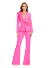 Powerfully chic two-piece jumpsuit featuring a deep V-neck blazer adorned with statement 3D floral details and sleek flare pants for the perfect blend of sophistication and fun. Ideal for making a bold entrance.