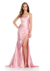 Sleek metallic jersey gown featuring delicate spaghetti straps, a lace-up back, a ruched wrap skirt, and a left leg slit for a shimmering, figure-flattering look. Perfect for any special event.