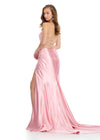 Back - Sleek metallic jersey gown featuring delicate spaghetti straps, a lace-up back, a ruched wrap skirt, and a left leg slit for a shimmering, figure-flattering look. Perfect for any special event.