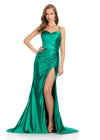 Sleek metallic jersey gown featuring delicate spaghetti straps, a lace-up back, a ruched wrap skirt, and a left leg slit for a shimmering, figure-flattering look. Perfect for any special event.