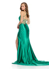 Back - Sleek metallic jersey gown featuring delicate spaghetti straps, a lace-up back, a ruched wrap skirt, and a left leg slit for a shimmering, figure-flattering look. Perfect for any special event.