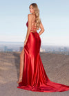 Back - Sleek metallic jersey gown featuring delicate spaghetti straps, a lace-up back, a ruched wrap skirt, and a left leg slit for a shimmering, figure-flattering look. Perfect for any special event.