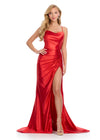 Sleek metallic jersey gown featuring delicate spaghetti straps, a lace-up back, a ruched wrap skirt, and a left leg slit for a shimmering, figure-flattering look. Perfect for any special event.