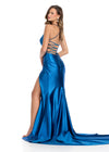 Back - Sleek metallic jersey gown featuring delicate spaghetti straps, a lace-up back, a ruched wrap skirt, and a left leg slit for a shimmering, figure-flattering look. Perfect for any special event.