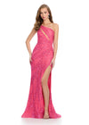 Dazzling fully beaded one-shoulder gown featuring an asymmetric cut-out and a left leg slit for a bold and glamorous entrance. Perfect for special occasions.