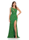 Dazzling fully beaded one-shoulder gown featuring an asymmetric cut-out and a left leg slit for a bold and glamorous entrance. Perfect for special occasions.